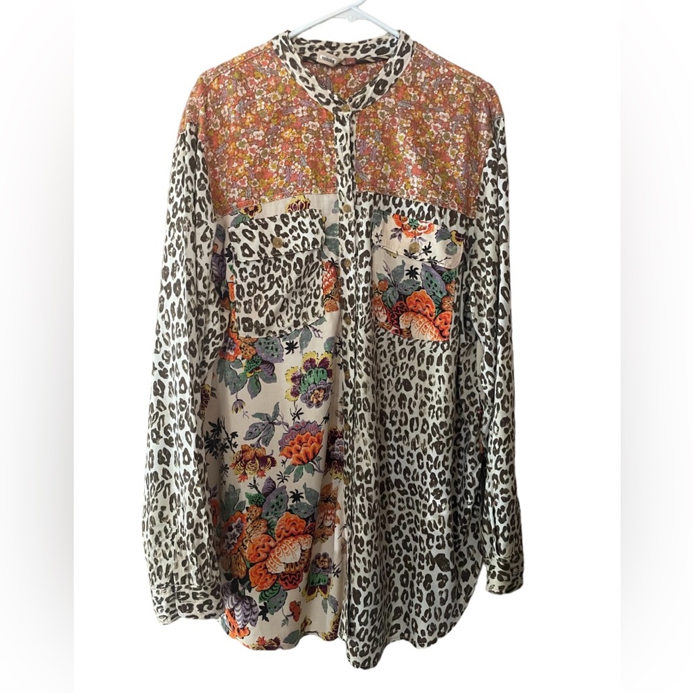 Pilcro Anthropology floral animal print long sleeve button down top size XL